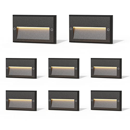Low Voltage Step Lights Kits 5.5 Inch Outdoor 12V AC Landscape Stair Lights Wired 8PK 3W LED Electric Outdoor Deck Lighting Black Metal 49 Lumens 3000K Warm White with Cable Connectors