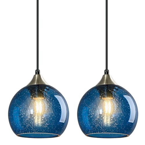 Blue Glass Pendant Lights Kitchen Island Lighting Globe Pendant Light Fixtures Modern Lighting for Kitchen Island Bedroom Living Dining Room (2 Count)
