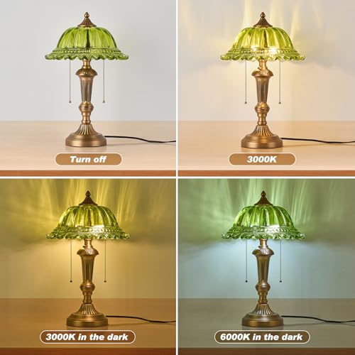 Glass Shade Table Lamp Vintage Metal Desk Lamp 2 Lights Table Light with Plug Switch for Bedroom Living Room Home Office Brass and Green