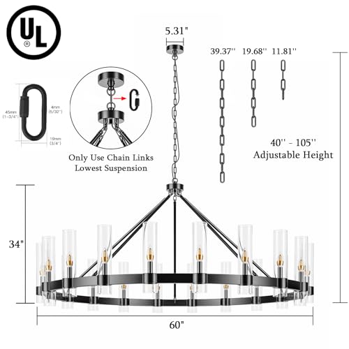 20 Lights Black Wagon Wheel Chandelier Modern Farmhouse with Glass Shade