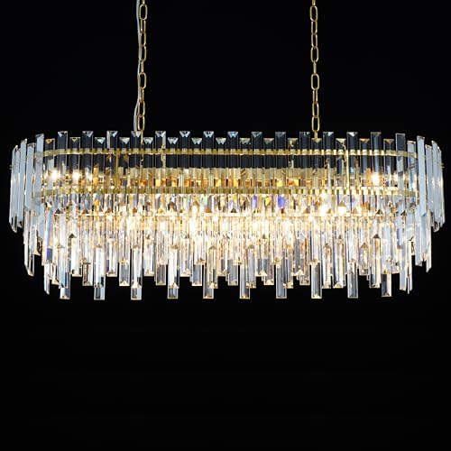 Modern Rectangular Crystal Chandelier Gold Finish Linear Pendant 10