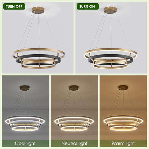 Modern LED Chandelier Black Gold Dimmable 3 Ring Pendant Light for Dining Room