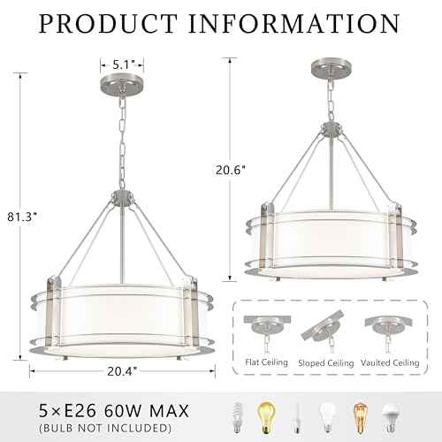 20.4''Drum Chandelier,5-Light Brushed Nickel Modern White Fabric Chandeliers,Farmhouse Round Pendant Light Fixture for Dining Room Kitchen Island Living Room Bedroom Hallway