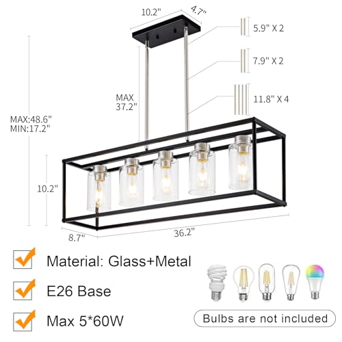 5 Light Dining Room Light Fixture Modern Farmhouse Chandeliers Over Table Black & Brushed Nickel Rectangular Pendent Lighting for Kitchen with Glass Shade Hanging Industrial Ceiling Light