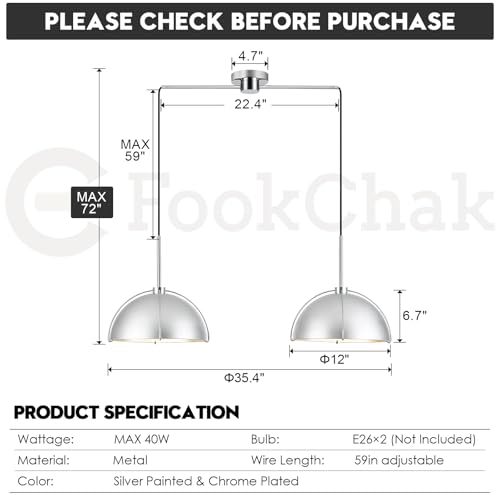 Silver Dome Pendant Light 2 Light Socket Large Pendant Light Fixture with Adjustable Pendant Cord Modern Pendant Lighting for Kitchen Island Dining Room Kitchen Sink