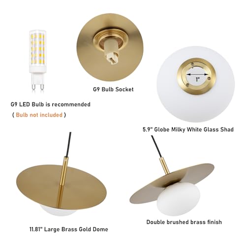 Modern Globe Pendant Lighting Milky White Glass Shade Brass Gold Farmhouse Pendant Light 11.81" Dome Industrial Mid Century Hanging Ceiling Light Fixture Kitchen Island Dinning Room Bedroom