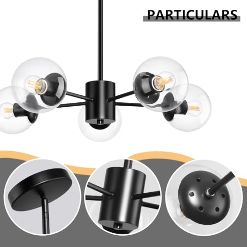 5 Light Globe Sputnik Chandelier Black Mid Century Sputnik Chandeliers Dimmable Globe Pendant Light Matte Black Finished with Clear Glass Lampshade Chandeliers for Dining Room