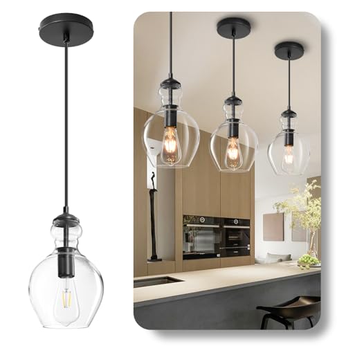 Black Clear Glass Pendant Lighting for Kitchen Island Entryway 7 Inch