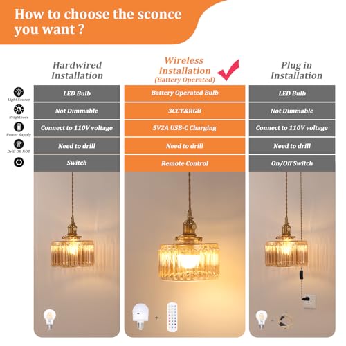 Battery Operated Pendant Light 5000mAh Rechargeable Chandelier with Remote Control Wireless Adjustable Hanging Amber Striped Light for Kitchen Island Dining Room Hallway (2 Count)