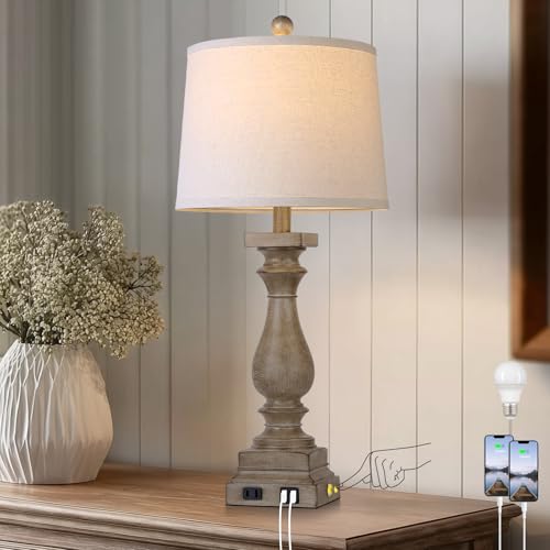 28" Tall Farmhouse Table Lamp with USB C+A Ports and AC Outlet