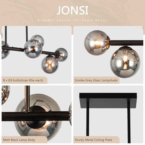 Jonsi Dining Room Light Fixture Over Table, Mid Century Chandeliers, Modern 8 Lights Smoke Grey Globe Glass Linear Chandelier Adjustable Ceiling Hanging for Living Dining Room Kitchen Island, Black