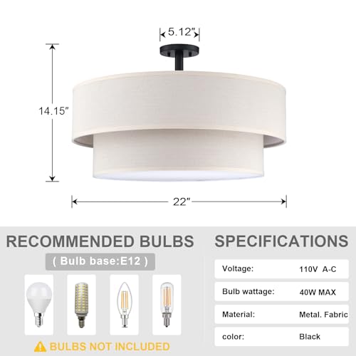 5 Light 22" Cream Fabric Black Semi Flush Mount Close to Ceiling Light Fixture