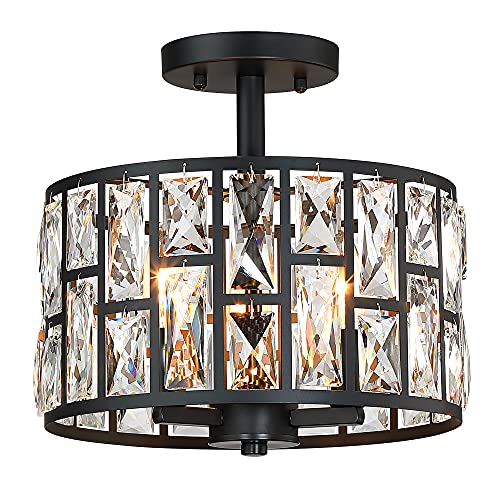 Farmhouse Crystal Round Semi Flush Mount Close to Ceiling Light Fixture