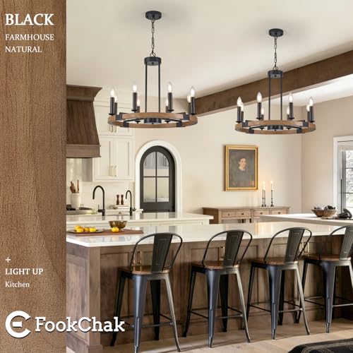 Farmhouse Oak Wood Wagon Wheel Chandelier 8 Light Round Wood Light Fixture