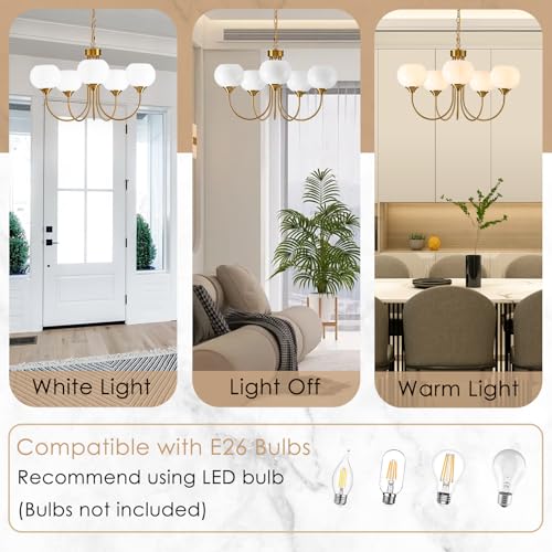 Modern Globe Chandelier 5 Light Mid Century White Milk Glass Vintage Sputnik Hanging Chandeliers Gold Pendant Light Fixtures for Dining Room Kitchen Living Room Bedroom