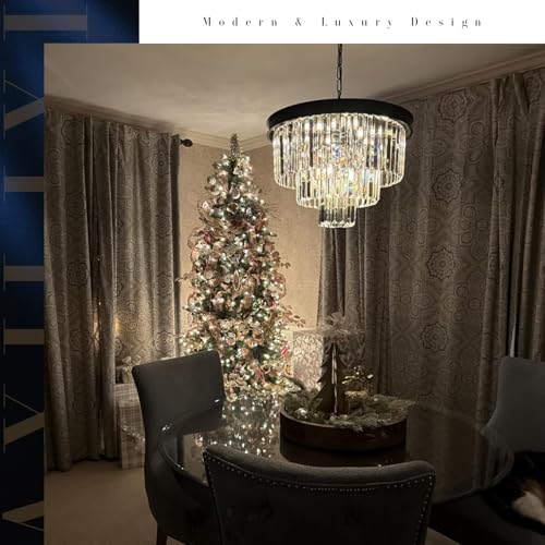 Black Crystal Chandelier Modern 20" Round Light Fixtures for Living Room