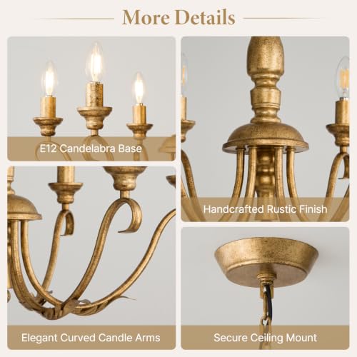 Farmhouse Vintage Antique Brass Chandelier (Distressed Gold)