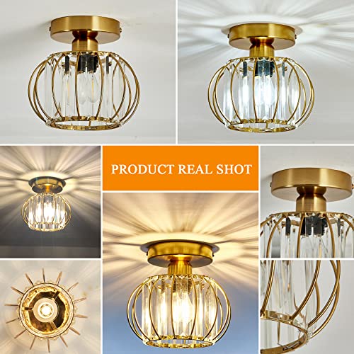 Crystal Semi Flush Mount Ceiling Light Fixture E26 Mini Antique Gold Chandelier Small Ceiling Lamp for Entryway Bedroom Bathroom Hallway Closet Foyer