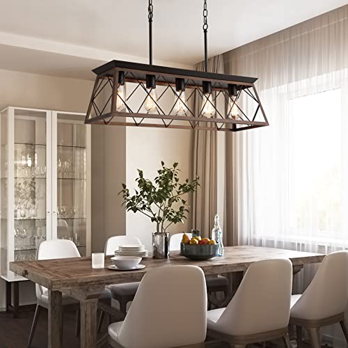 Farmhouse Rustic Chandelier Light Fixtures Bronze 5 Lights Linear Rectangular Chandelier Pendant Light Fixtures for Dining Room Kitchen Island Pool Bar Office Living Room Entryway UL Listed