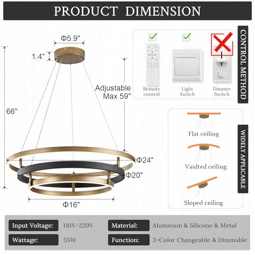 Modern Brass Chandelier for Living Room LED 3 Ring Chandeliers Black Gold