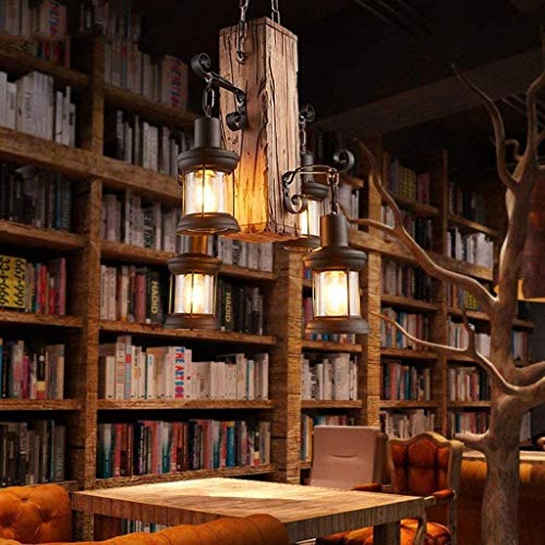 Wood Retro Pendant Lighting Industrial Vintage Chandelier Black Metal Bedroom Restaurant Suspension Lamp Cage Frame with Glass Shade House Loft Bar Coffee Decoration Ceiling Lights Fitting