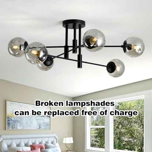 6-Lights Glass Globe Sputnik Chandelier Modern Flush Mount Ceiling Light Fixture Black Farmhouse Lighting for Dining Room Living Room Bedroom Kitchen Passageway.