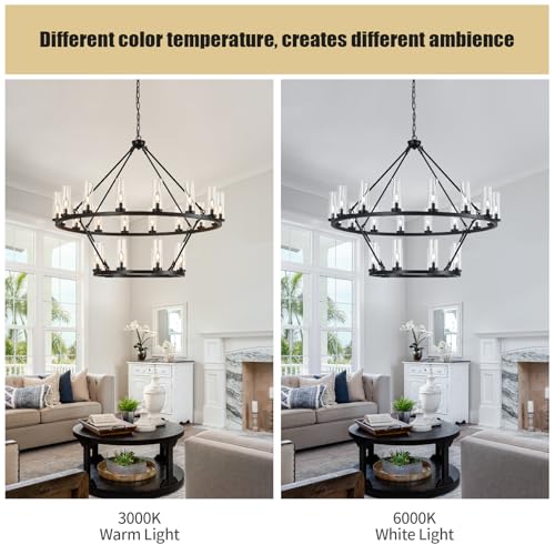 48 Inch Large Black Wagon Wheel Chandelier with Clear Glass Shade 2 Tier 24