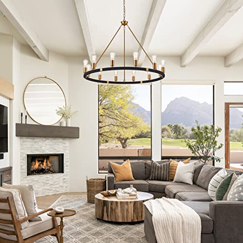 12 Lights Wagon Wheel Chandelier Bohemia Black Hand Woven Rattan Chandelier Farmhouse Large Brass Pendant Light for High Ceilings Living Room Dining Room