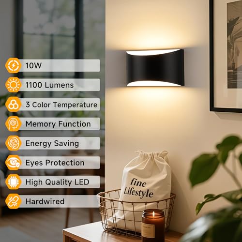 Modern LED Wall Sconce Set of 2 Large Black Indoor Wall Light 3CCT (2 Count)