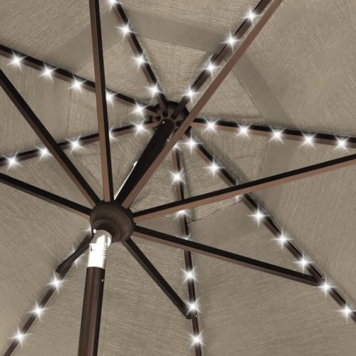 USA 10-Year-Non-Fading 10ft Market Patio Umbrella, Commercial Grade Table Sun Umbrella with 80 Solar LED Lights, Crank Open, Windproof & UPF 50+ UV Protection for Garden, Deck, Pool, Backyard, Antique Beige
