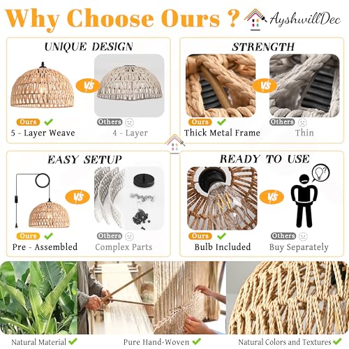 Brown Rattan Light Fixture 15ft Plug In Pendant Light Woven Pendant Light Boho Chandelier Wicker Pendant Light Boho Pendant Light Plug In for Dining Room Kitchen Island Bedroom
