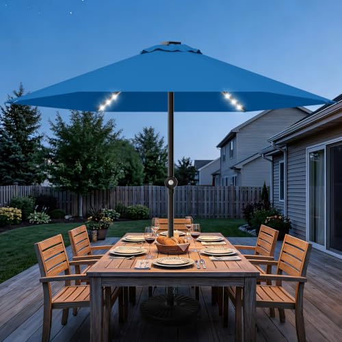 Patio Umbrella 9FT Solar Lights Push Up Outdoor Market Umbrella Royal Blue