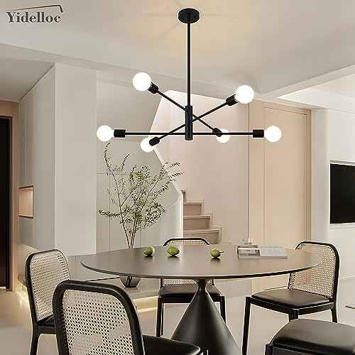 6 Lights Black Sputnik Chandeliers Modern Light Fixtures, Mid Century Chandelier Adjustable Length Pendant Light for Dining Room, Bedroom, Living Room, Kitchen, Farmhouse