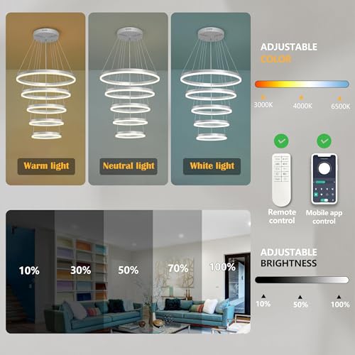 5 Rings Pendant Lights Modern Nickel Led Chandelier Nickel Modern Led Pendant Light Dimmable Height Adjustable Chandeliers for Dining Room Bedroom Entryway Living Room Foyer