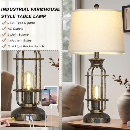 28" Tall Farmhouse Table Lamp with USB C+A Charging Ports & AC Outlet