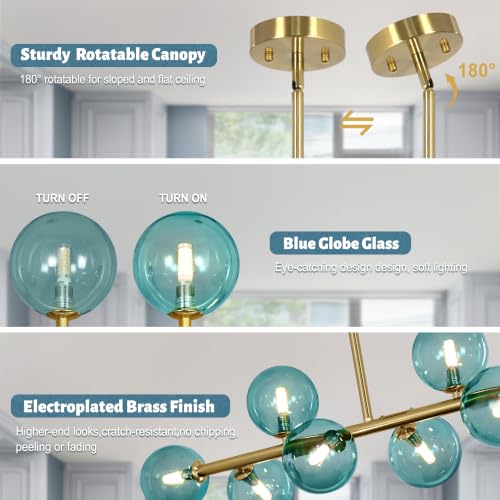 Gold Linear Sputnik Chandeliers 37" Mid Century Blue Glass Globe Chandelier