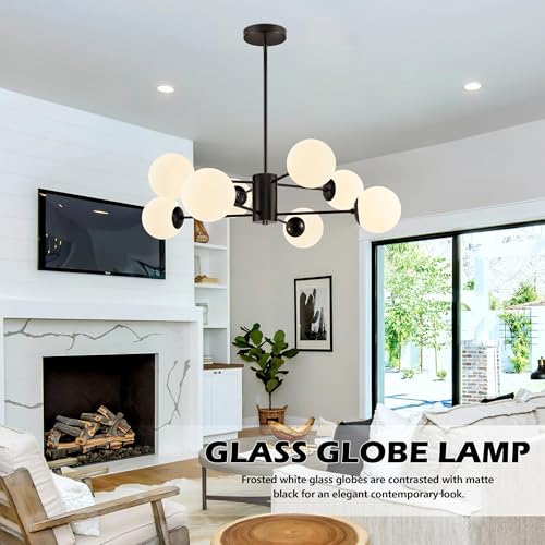 8 Light Globe Sputnik Chandelier Black Mid Century Modern Light Fixture Matte Black Finished with White Frosted Globe Glass Lampshade Sputnik Chandeliers for Dining Room Bedroom Kitchen Island (8 Count)