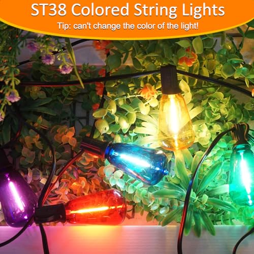 Colored Outdoor String Lights 100Ft LED Multicolor Patio Lights with 55pcs ST38 Colorful Shatterproof Bulbs Rainbow String Lights for Bistro Christmas