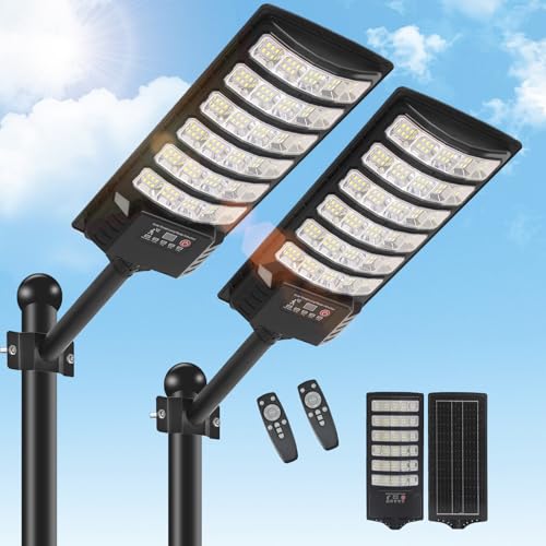 2 Pack Solar Street Light Outdoor 30000LM 6500K Waterproof Motion Sensor LED Solar Powered Flood Light with Remote Control Dusk to Dawn Commercial Area Lighting for Outside Parking Lot (2 Count)
