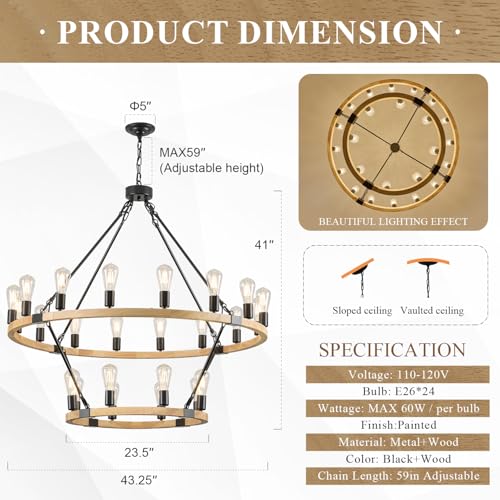 Natural Wooden Wagon Wheel Chandelier 24