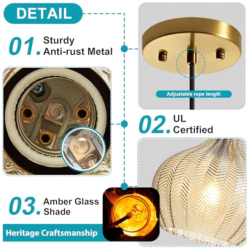 Amber Glass Pendant Lights Kitchen Island Gold Hanging Ceiling Light 9"