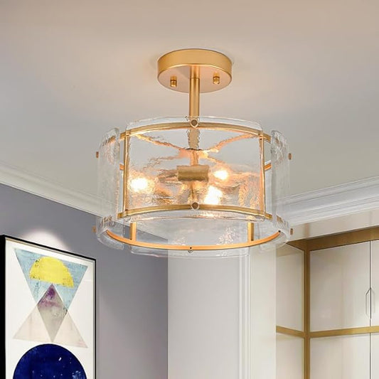 11.8 Inch Small Modern Farmhouse Gold Semi Flush Mount Ceiling Light with Clear Glass Shade, 3-Bulb Close to Ceiling Light Fixture for Kitchen Bedroom Living Room Porch Hallway Entryway