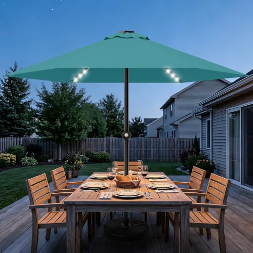 Patio Umbrella 9FT Solar Lights Push Up Outdoor Market Umbrella Lake Blue