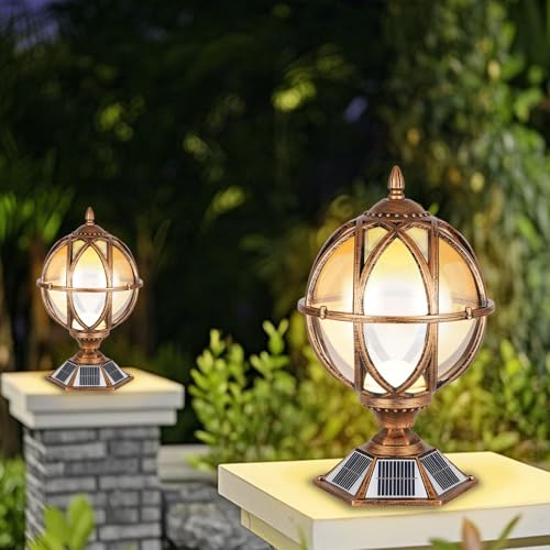 17.7 Inch Solar Powered Outdoor Pillar Lights with Amber Glass Post Lights
