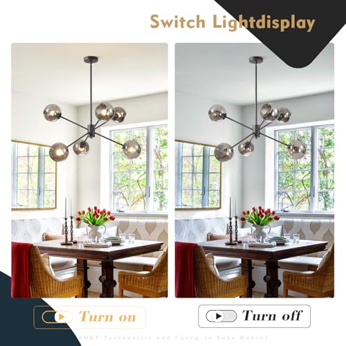 6 Lights Modern Glass Globe Sputnik Chandelier Mid Century Matte Black Sputnik Pendant Light Fixture Adjustable Vintage Large Smoke Gray Ball Chandelier Pendant Light for Kitchen Living Room