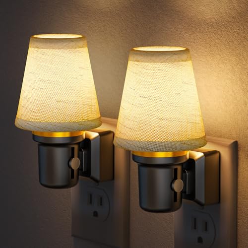 LED Night Lights Plug into Wall Linen Fabric Round Platform (2 Count)