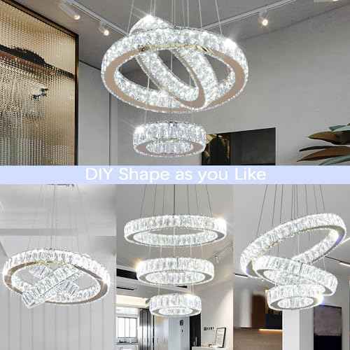Modern LED Chandeliers Crystal Pendant Light 3 Ring Chandelier Hanging Crystal Ceiling Light Fixture Adjustable Pendant Light for Living Room Dining Room Bedroom Foyer Gold (Cool White)