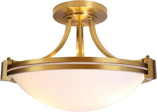 Bektas Semi Flush Mount Ceiling Light Fixture,12inch Brushed Gold Light Fixture with Milk Glass for Bedroom,Kitchen,Bathroom,Hallway,Foyer,Living Room,Dinning Room(2-Lights)