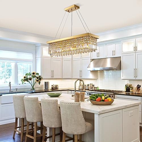 6 Light Modern Crystal Chandelier Rectangular Gold K9 Crystal Raindrop Chandelier for Dining Room