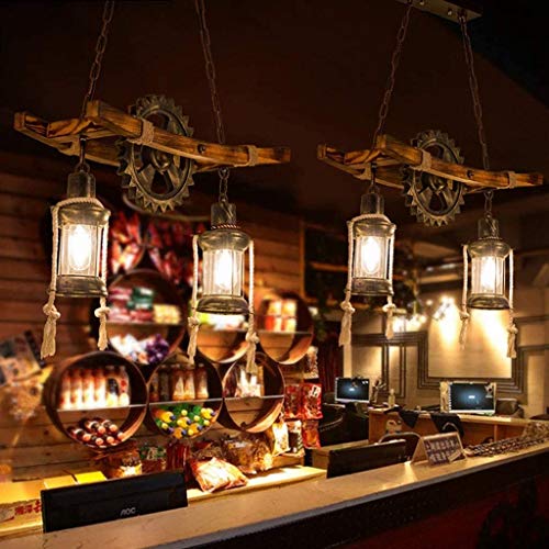 Wood Retro Pendant Lighting Industrial Vintage Chandelier Black Metal Bedroom Restaurant Suspension Lamp Cage Frame with Glass Shade House Loft Bar Coffee Decoration Ceiling Lights Fitting